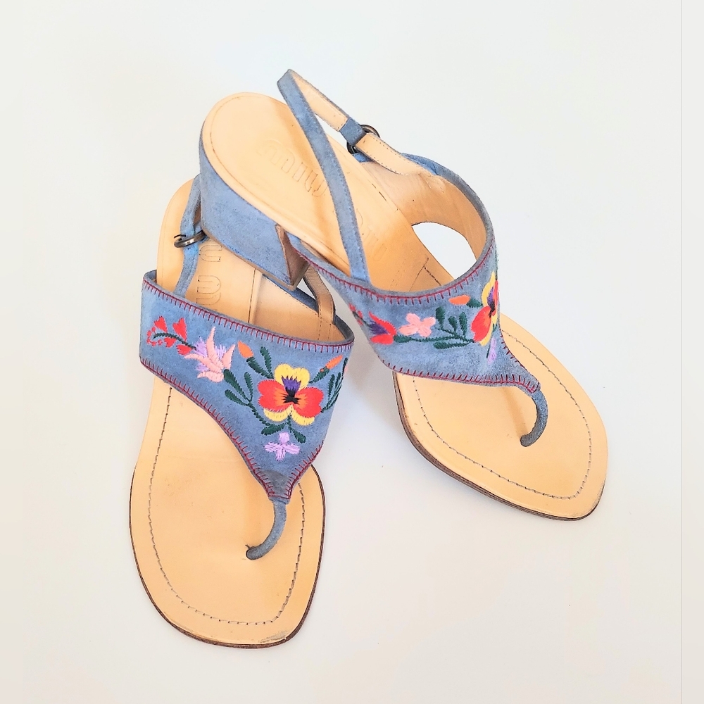 Miu Miu Embroidered Blue Suede Block Heel Sandals Size US 5.5 EU 35.5